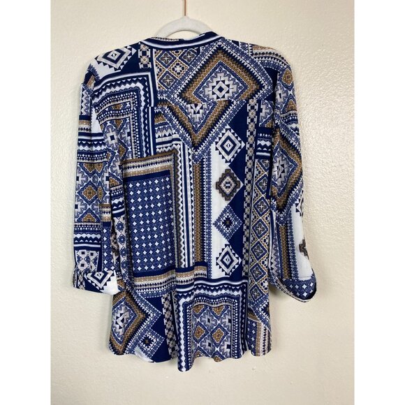 SOLD💙Cocomo Top Women Size Large Blue White Geometric Blouse Stretch 3/4 Sleeves - Picture 15 of 16